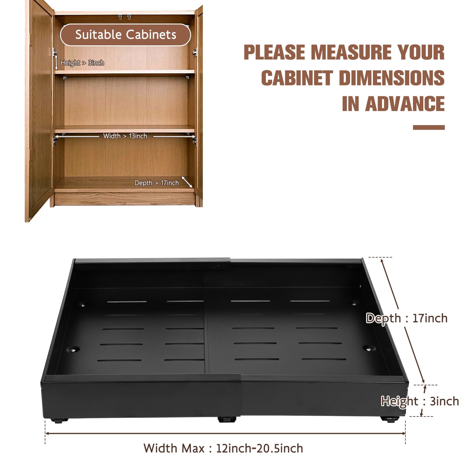 2PCS Expandable Pull-Out Cabinet Organizer with Adhesive Nano Film Fixed Slide out Drawers Under Sink Pull-Out Home Organizers Adjustable Length 12.5"-20.5" for Kitchen Cabinets(Black)