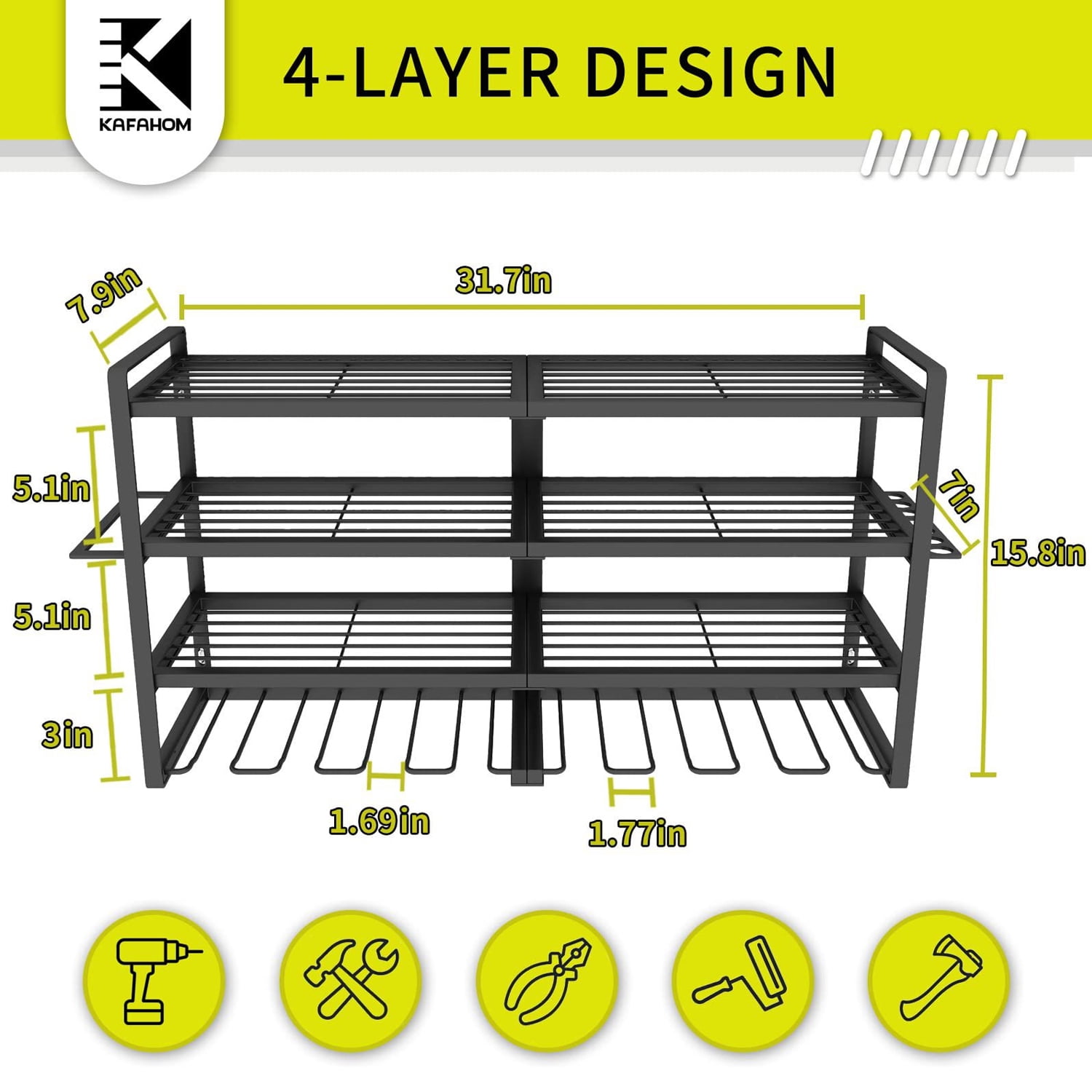 Wall Mount Power Tool Organizer 8 Drill Holder,4 Layer Heavy Duty Metal Power Tool Storage Rack,Garage Tool Organizer and Storage with Screwdriver Holder/Plier Holder/Hammer Holder