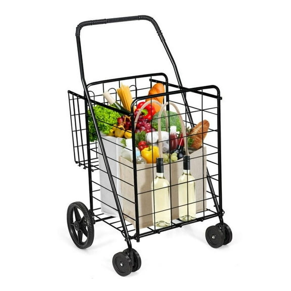 Folding Shopping Cart with Wheels - Dual Basket Utility Cart, 88 lbs Capacity