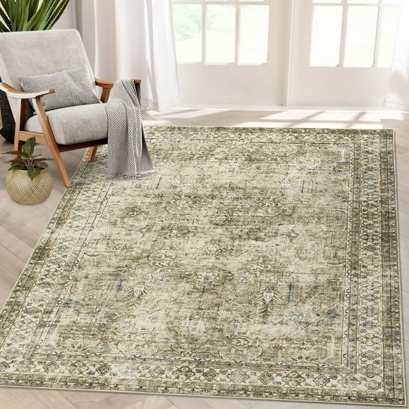 GlowSol Grand Tapis 9 Pieds x 12 Pieds Tapis Vintage Imprimé Tribal Oriental Floral Tapis de Ferme Antidérapant Non Pelucheux Tapis Pliable Jeté Intérieur, Antique
