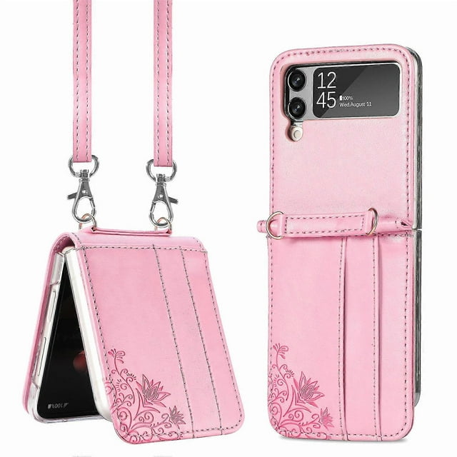 Funda plegable para Samsung Galaxy Z Flip 3 5g, con correa para el hombro, de cuero, color rosa