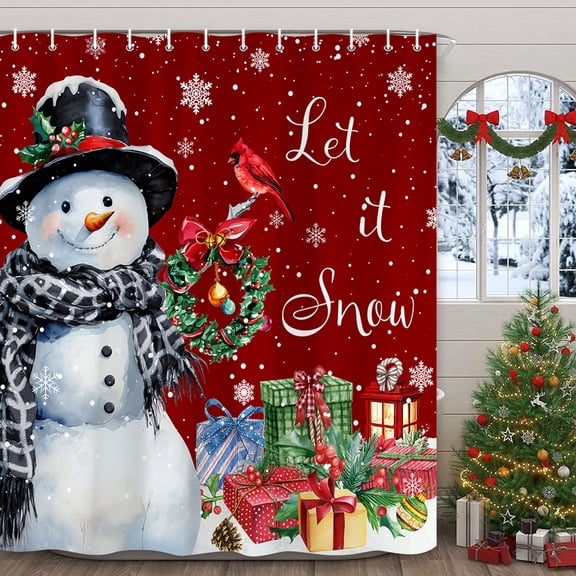 Winter Christmas Snowman Shower Curtain, Snowflake Xmas Shower Curtains Set for Bathroom, Holiday Winter Theme Fabric Decor Bath Curtain with Hooks, 70X72IN Red