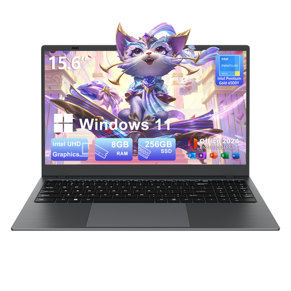 RNRUO 15.6" Laptop Computer, 8GB RAM 256GB SSD Intel 6500Y with 2 Cores Up to 3.4GHz, FHD Display Numeric Keypad Office 2024 Windows 11 WiFi5 BT5.0 Thin Portable for Business Student Work, Dark Gray