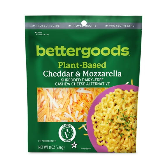 bettergoods Plant-Based Cheddar and Mozzarella Shredded Dairy-Free Cashew Cheese Alternative, 8 oz