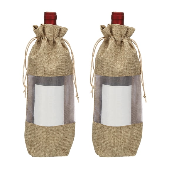 Uxcell 2 Pcs Wine Bottle Gift Bags with Drawstrings, Clear Burlap Wine Bags Reusable Liquor Bottle Covers for Wedding Birthday Party, Light Brown