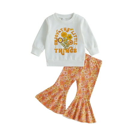 

Nokpsedcb Kids Toddler Girls Autumn Clothes Sets Long Sleeve Letter Print Pullover + Flower Pattern Flare Long Pants White 2-3 Years