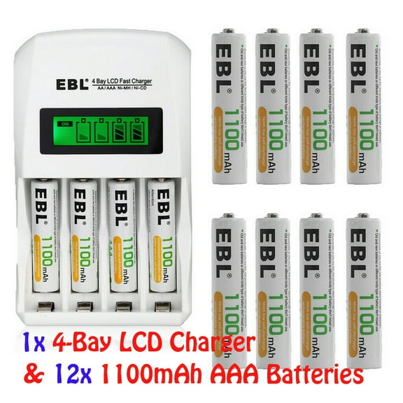EBL Rechargeable AAA Batteries 1100mAh (12 Counts) with 907 LCD Individual AA/AAA Rechargeable Battery Charger