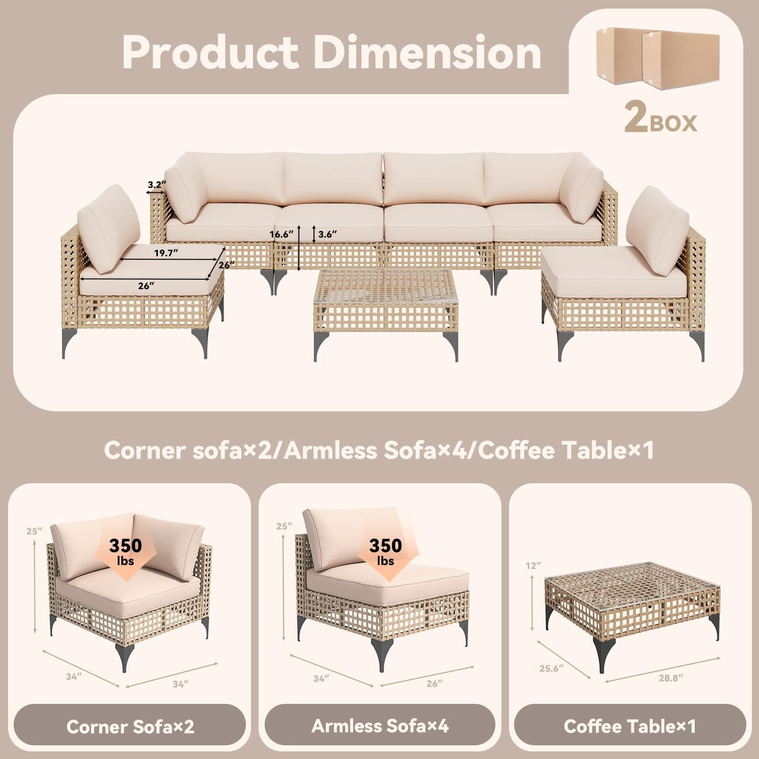 YODOLLA 7-Piece Patio Furniture Set with Coffee Table, Rattan Wicker Outdoor Sectional Sofa Couch Conversation Set in Light Brown Rattan&Beige Cushions