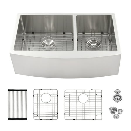 CoSoTower Double Bowl (60/40) Farmhouse Sink - 33"X21"X10" Stainless Steel Apron Front Kitchen Sink 16 Gauge with Two 10" Deep Basin
