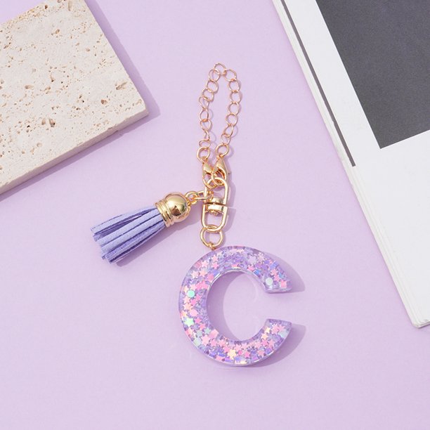 Llavero con letras de la A a la Z con forma de corazón morado, colgante para billetera de mujer, 26 iniciales, alfabeto, mariposa, borla, accesorio para llavero