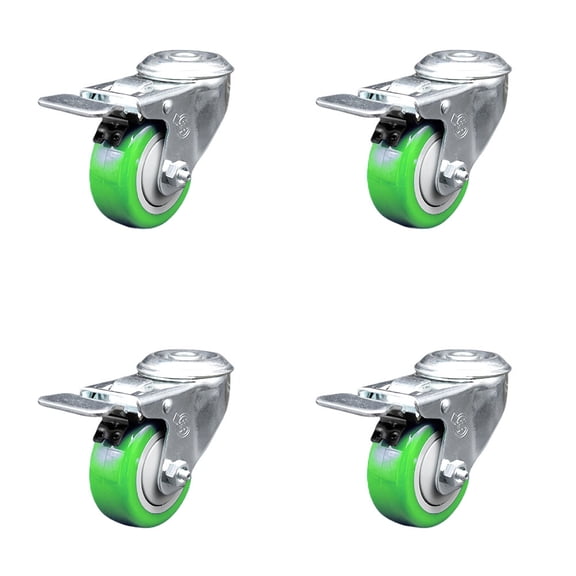 3.5 Inch SS Green Polyurethane Swivel Bolt Hole Caster Set with Total Lock Brake