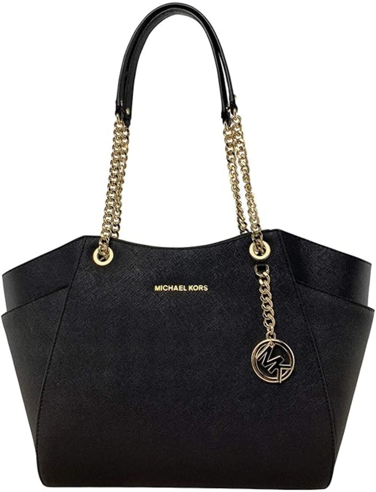 Michael Kors Jet Set Travel Large Top Zip Chain Tote Black Saffiano Leather