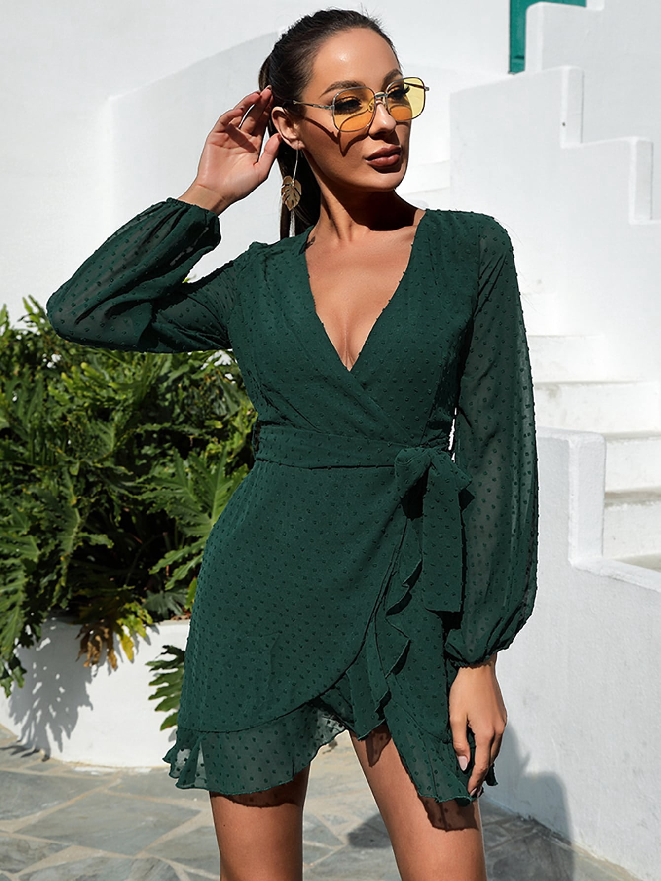 Women's Ruffle Trim Wrap Belted Swiss 