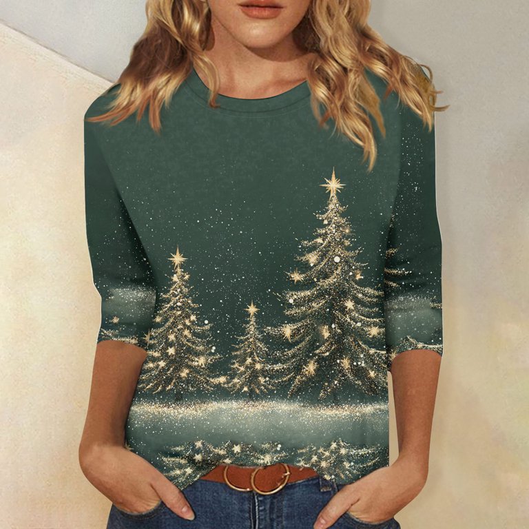 Women's 3/4 Sleeve Christmas Top - Snowflake Graphic Holiday Tee & Blouse