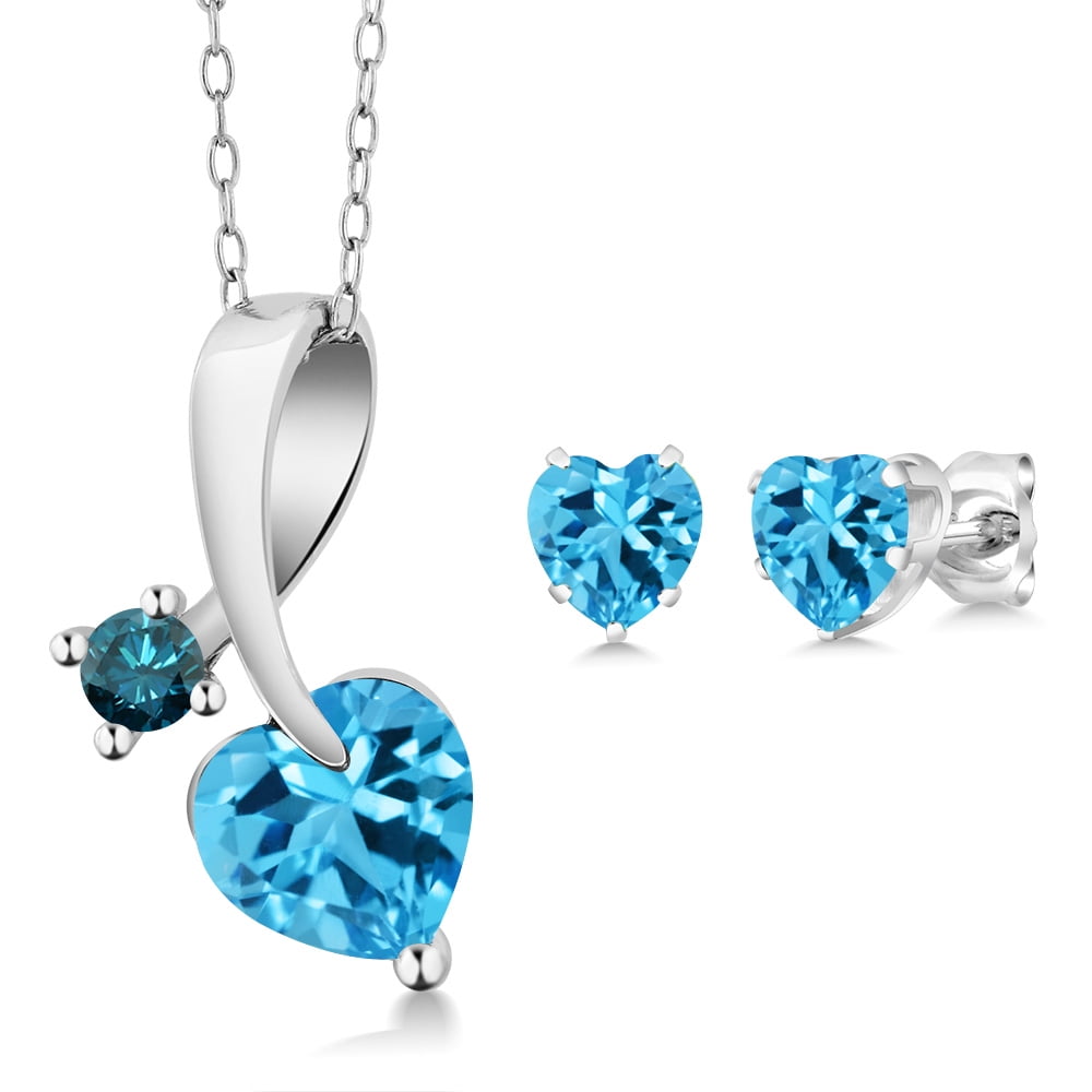2.72 Ct Heart Shape Swiss Blue Topaz 925 Sterling Silver Pendant Earrings Set by