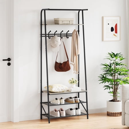 GOCAPTAIN Hall Tree Coat Rack with Shoe Bench and 5 Hooks Modern Metal Frame & Wood Entryway Organizer for Hallway Living Room Gray