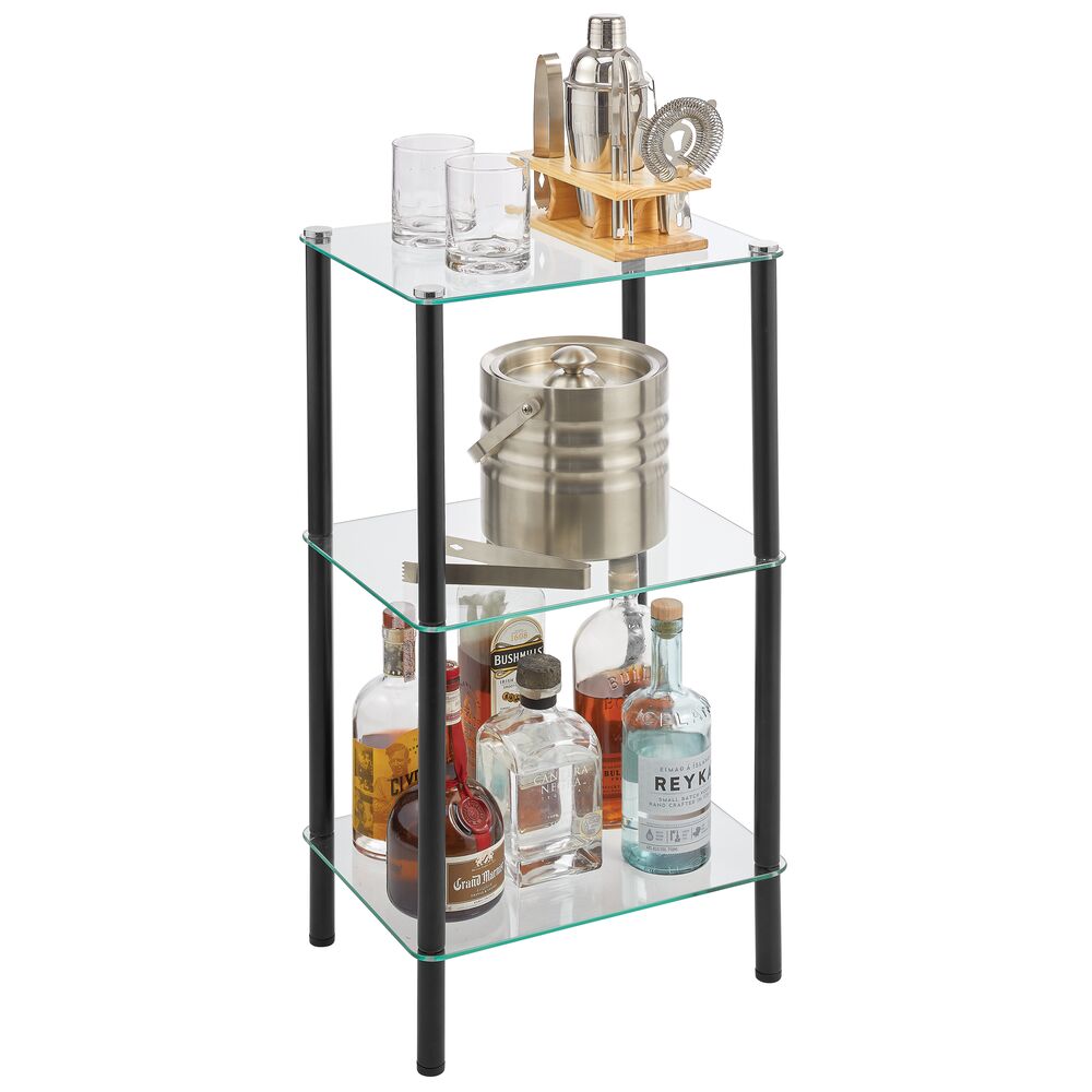 mDesign Metal/Glass 3-Tier Storage Tower, Narrow Shelving Display Unit, Open  Glass Shelves; Multi-Use Stand for Living Room, Bathroom, Home Office,  Hallway, Bedroom Organization Black/Clear