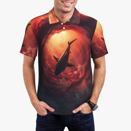 Goofa Shark Underwater Vortex Print Mens Polo Shirts Quick Dry Short Sleeve Golf T Shirt Performance Moisture Wicking Casual Workout-Large