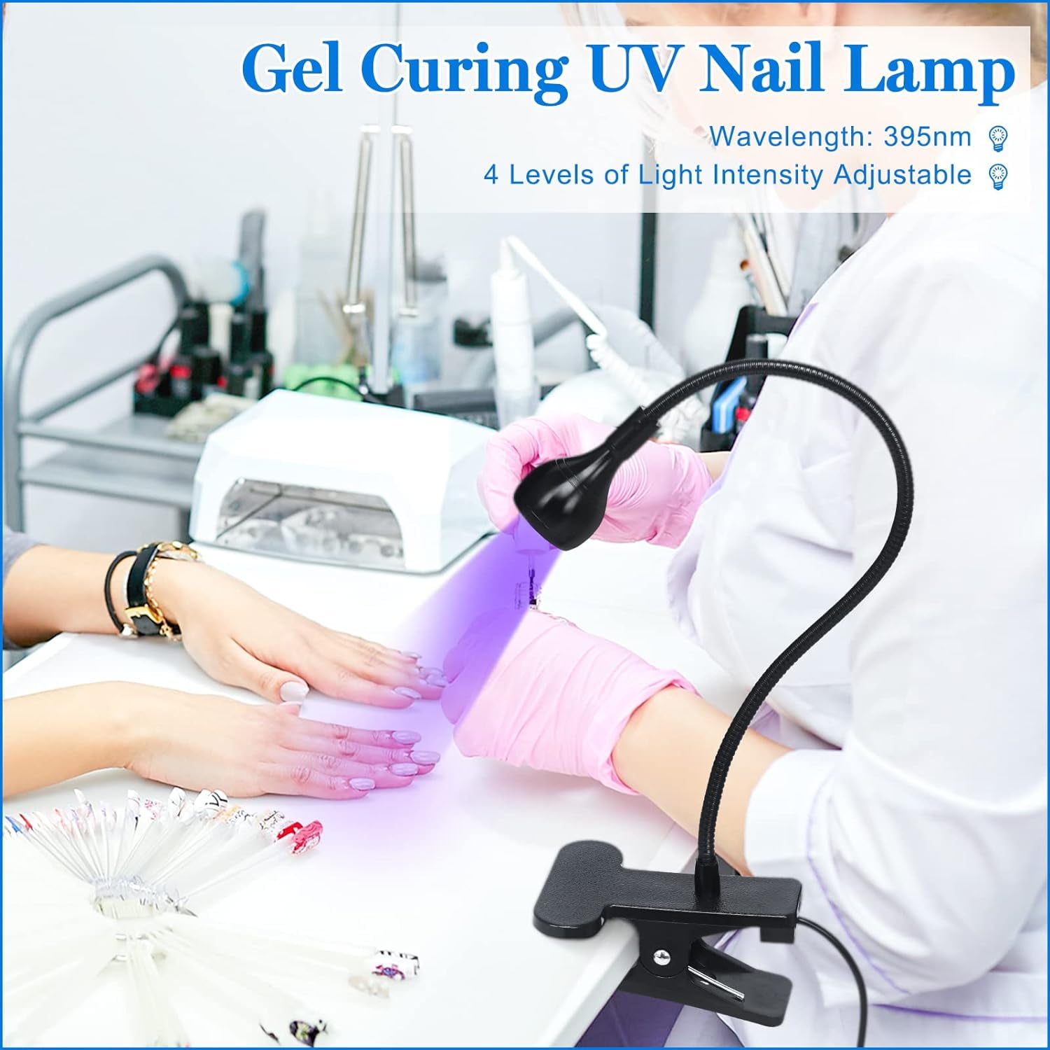 KOMI Nail Lamp with UV Protection Gloves,3W LED Nail Manicure Dryer 35NM Curing Light with Black Gooseneck and Clamp for Gel Nails