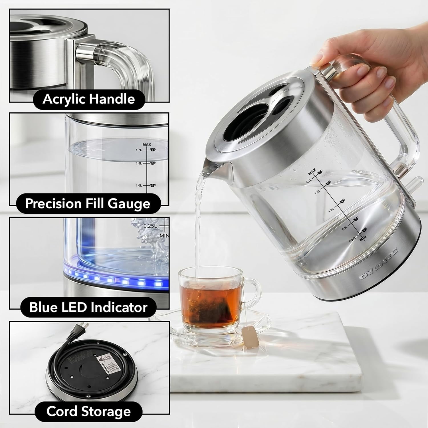 OVENTE Electric Kettle, 1.7L Double Wall Glass Tea Kettle with Stainless Steel Base, Acrylic Handle, 1500W Cordless Fast Boil Borosilicate Water Boiler, Easy Fill Lid & Auto Shut-Off, Silver KG912S