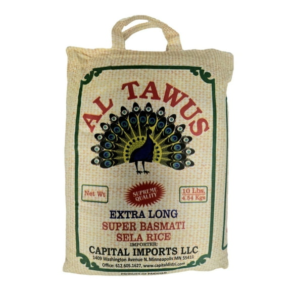 Al Tawus Supreme Quality Extra Long Super Basmati Sela Rice 10 Lbs / 4.54 kg, Non GMO, Extra Long Basmati Rice, White Rice, Vegan Rice, BPA & Gluten Free, Zip Lock Bag, Dried Grains