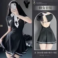 thumbnail image 1 of Disfraz de monja Sexy para mujer, lencería de Cosplay, disfraz de sirvienta gótica, vestido de monja, Anime, Roleplay, trajes de Halloween, borla, negro, blanco, 1 of 5