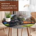 thumbnail image 4 of Steam Train Round Tablecloth, Fitted Table Cover with Elastic for 45"-54" Round Tables, Railroad Country Barn Rustic Trees Farmhouse Table Cloth Outdoor Indoor Dinning Party Waterproof Tablecloths, 4 of 7