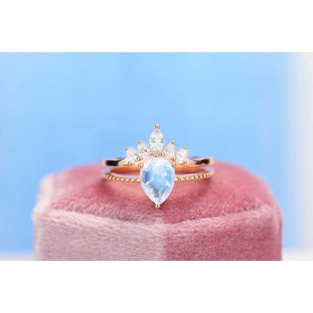 Natural Moonstone Ring Set, 2Ct Pear Cut Moonstone Ring Set, Rose Gold Ring Unique Curved Marquise Cut Ring, Size 9