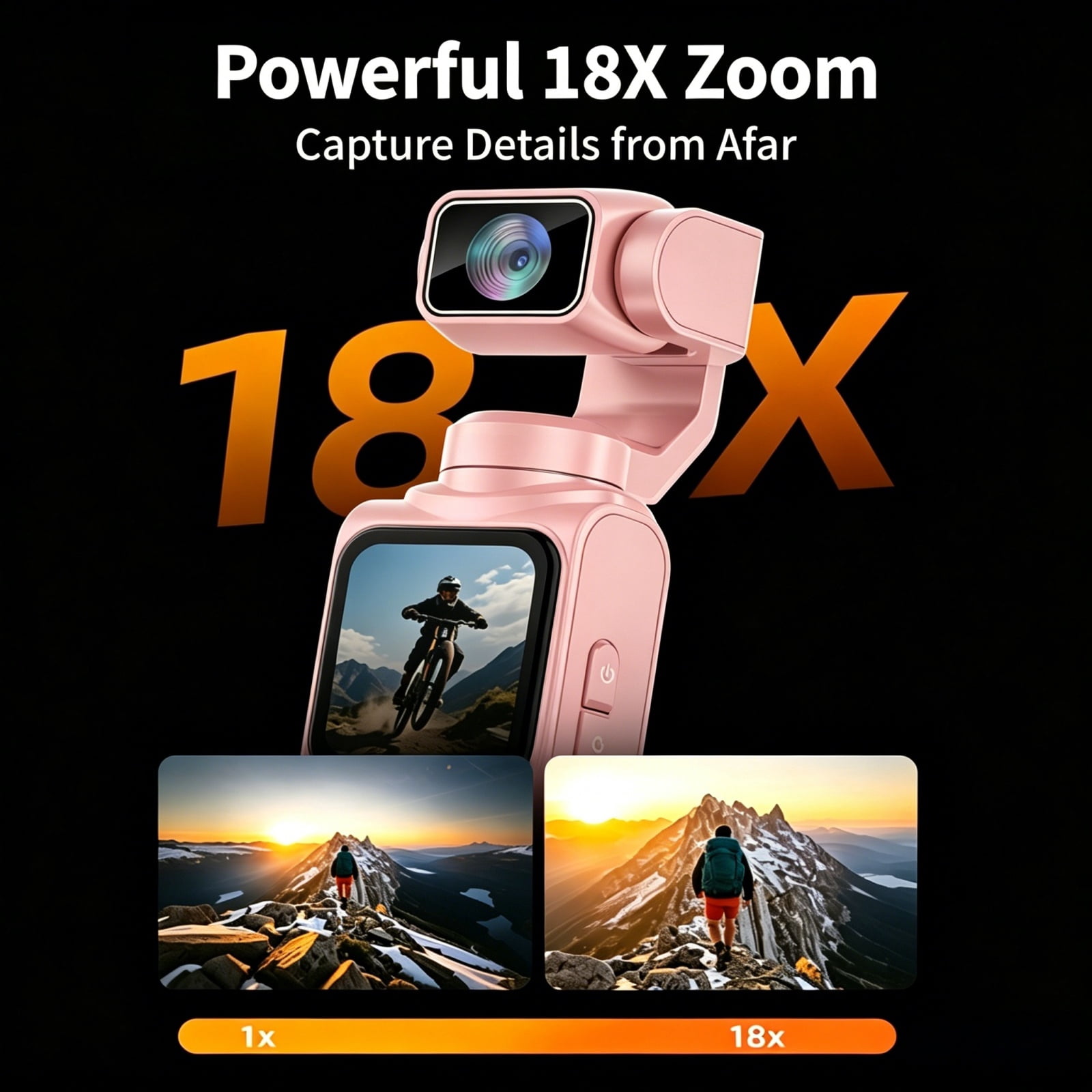 Ourlife Handheld Gimbal WIFI Camera 4K - 64MP Autofocus, 18x Zoom, Touchscreen, Face Tracking, Action Cam Travel Pocket Vlogging Camera with 64GB Card, Pink