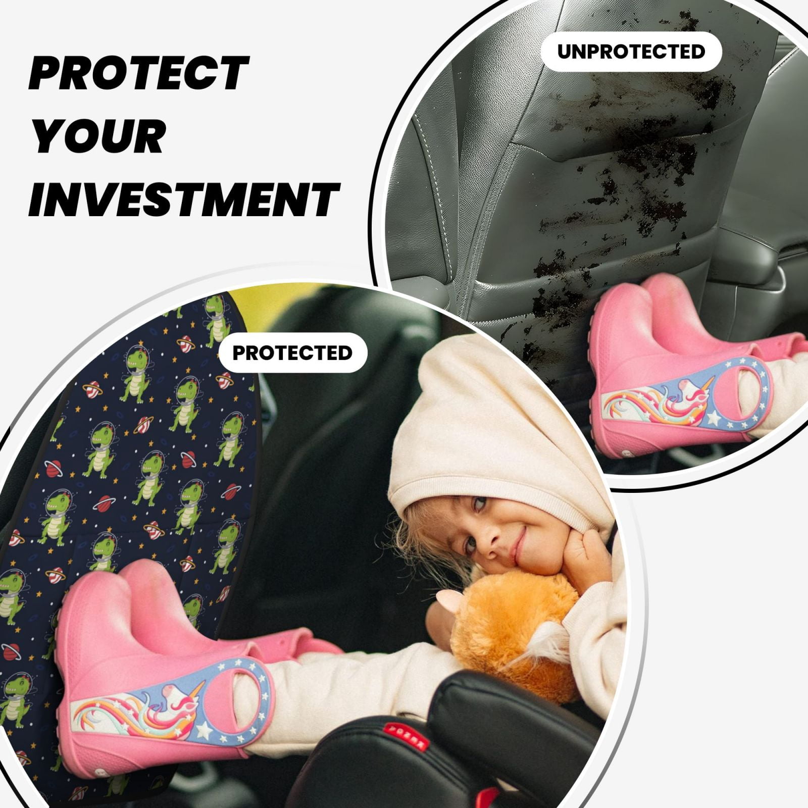 Kdxio Dinosaur Astronaut Print 2 Pack Car Kick Mat Seat Cover Back Protector Mat with Pockets for Organizer Backseat Protector and Storage Anti Kick Pad for Vehicles