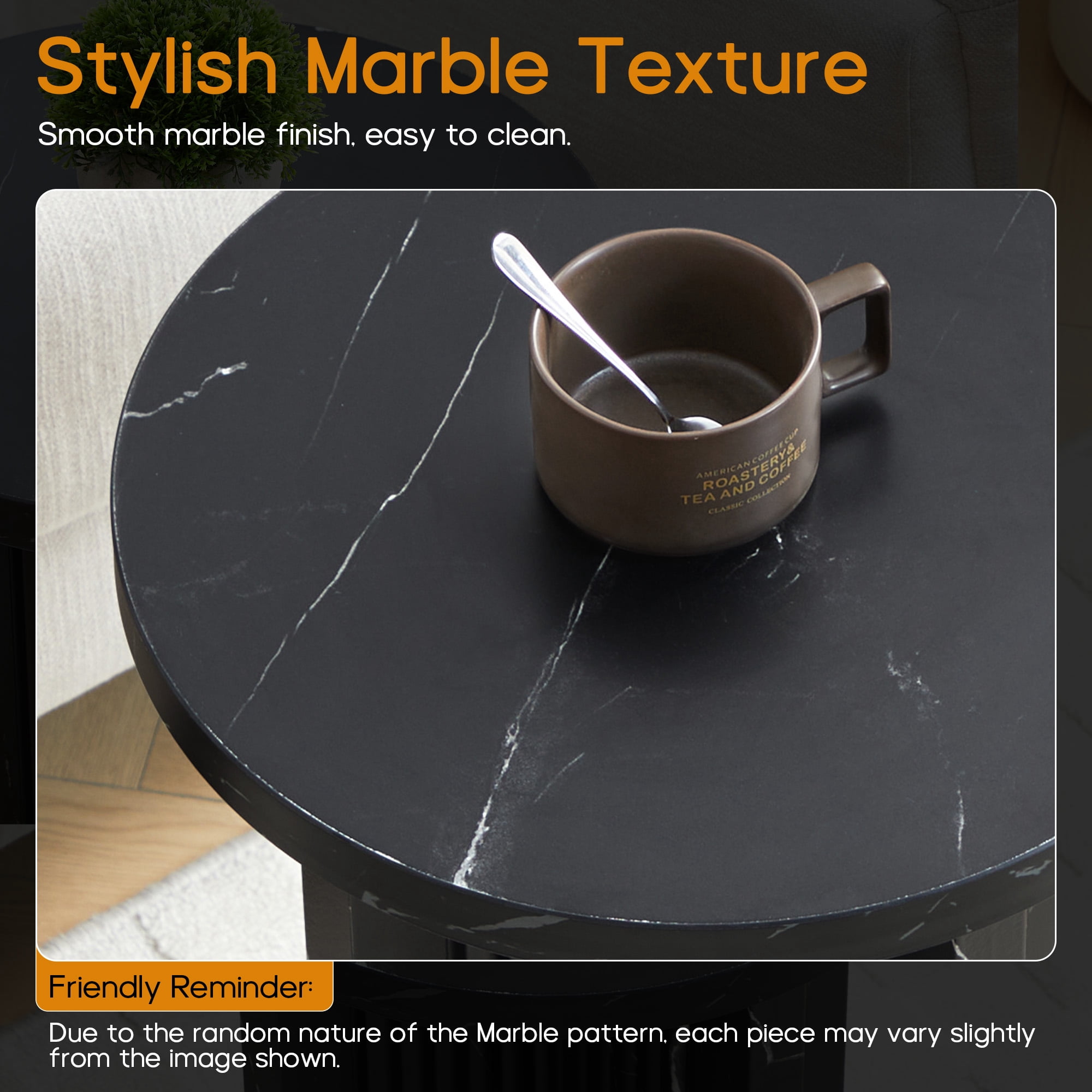YOCWO Round Small End Tables for Living Room with Wave Base, Mordern MDF Side Table for Bedroom Small Space with Marble Veneer Finish, Black