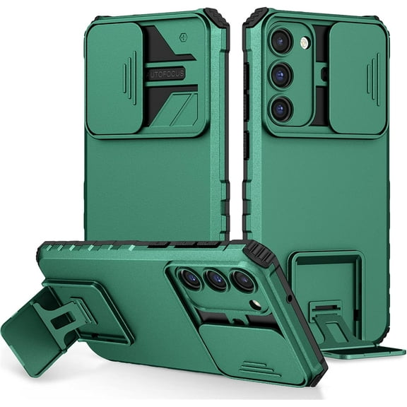 for Samsung Galaxy S23 Case with Slide Camera Cover, [Military Drop Protection] [Snug Touch] Hard Back and Soft Edge Phone Case with Stereo Bracket for Samsung Galaxy S23 6.1" LTT Dark Green