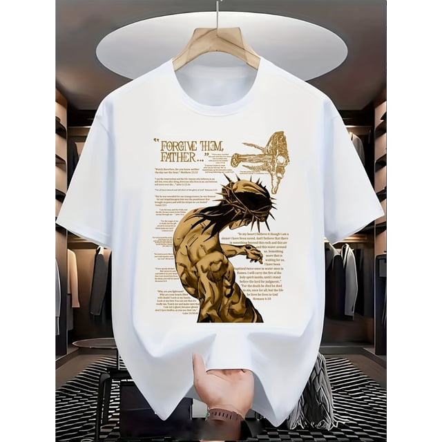 Men's Trendy Graphic Print T-Shirt - "Forgive Him Father" Design, Black Casual Summer Tee, 100% Cotton, Round Neck, High Street Style, Versatile for Casual Attire