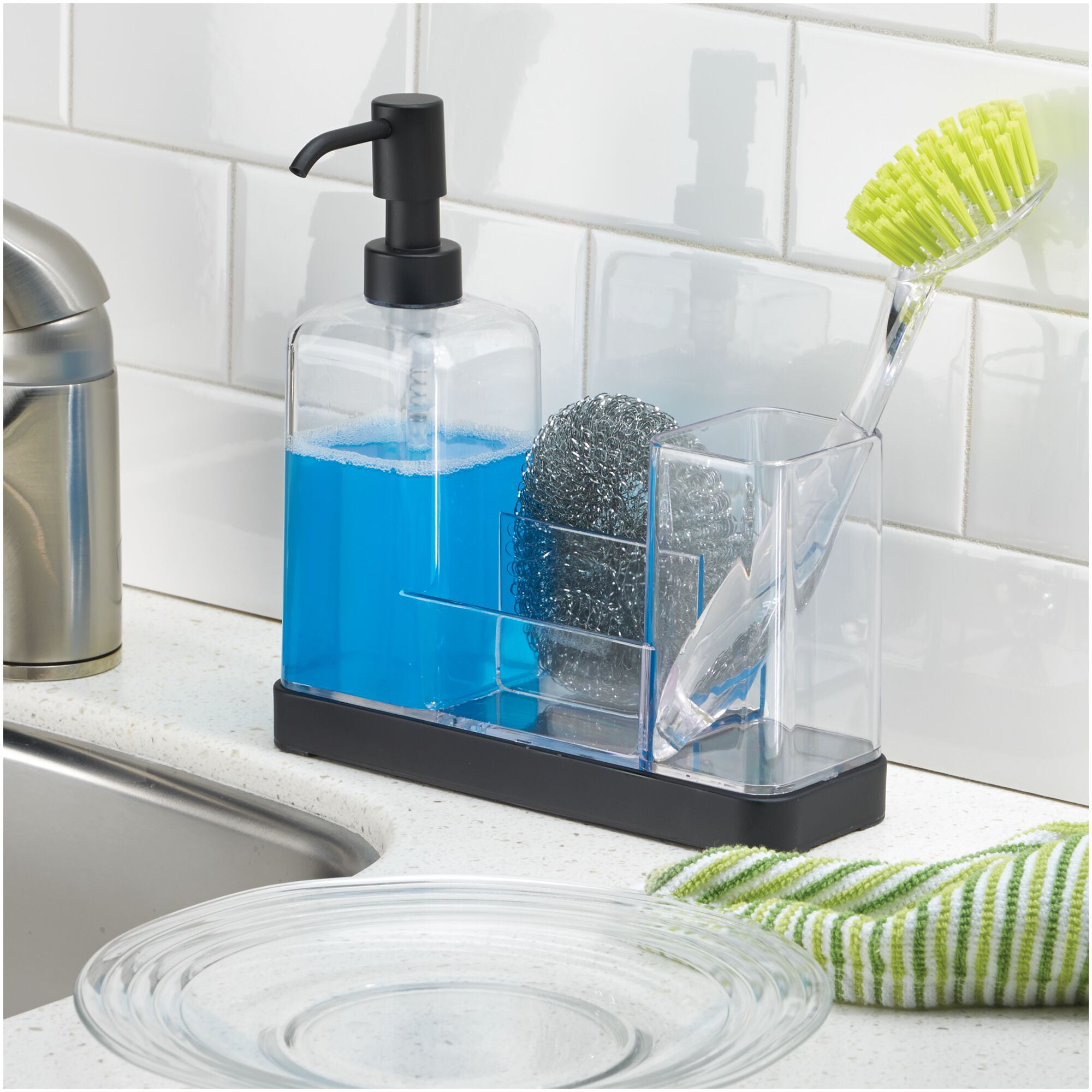 mDesign Modern Plastic Kitchen Sink Countertop Liquid Dish Soap Dispenser  Pump Bottle Caddy with Storage Compartments - Holds and Stores Sponges, 