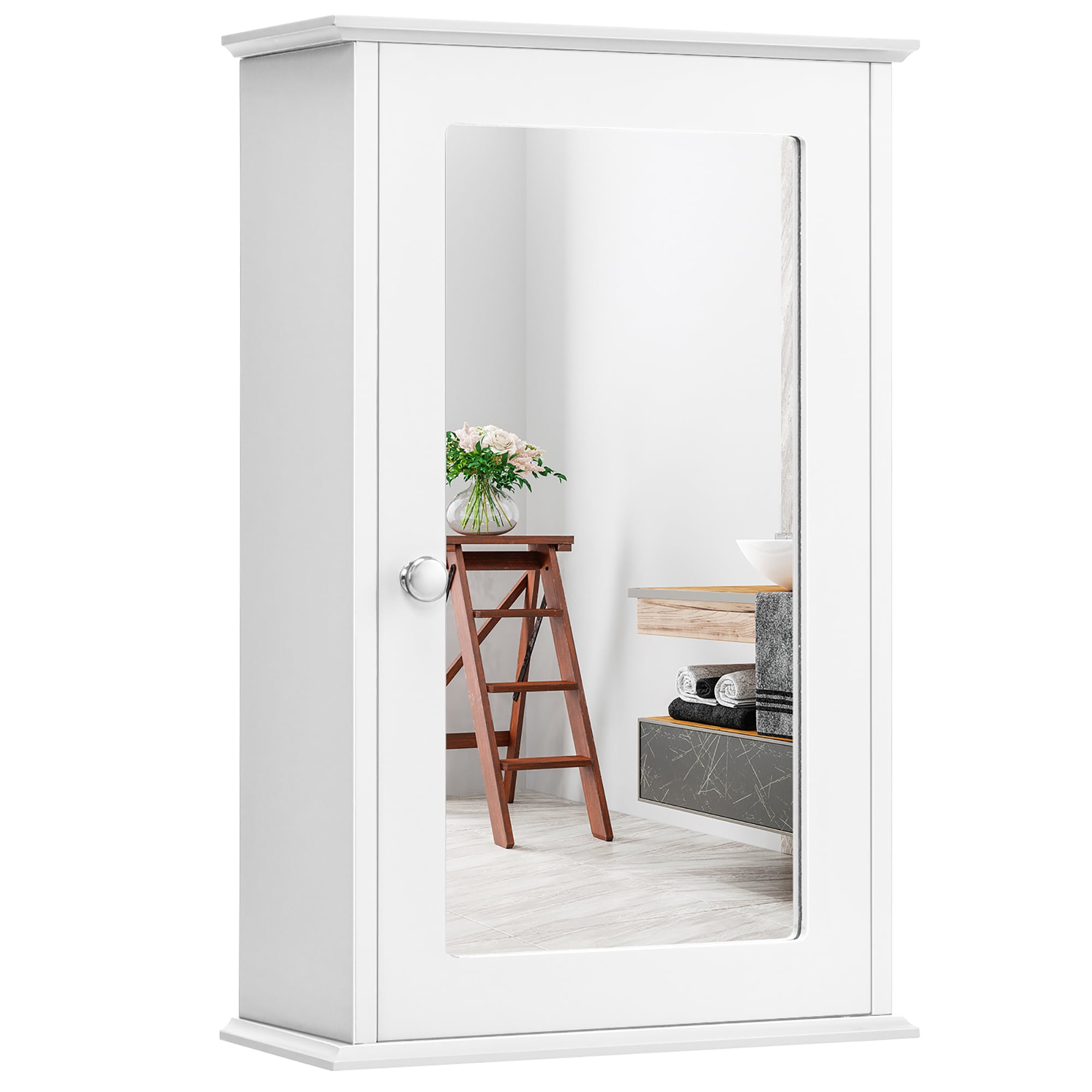 Bathroom Wall Cabinet Single Mirror Door Cupboard Storage Wood Shelf White 
