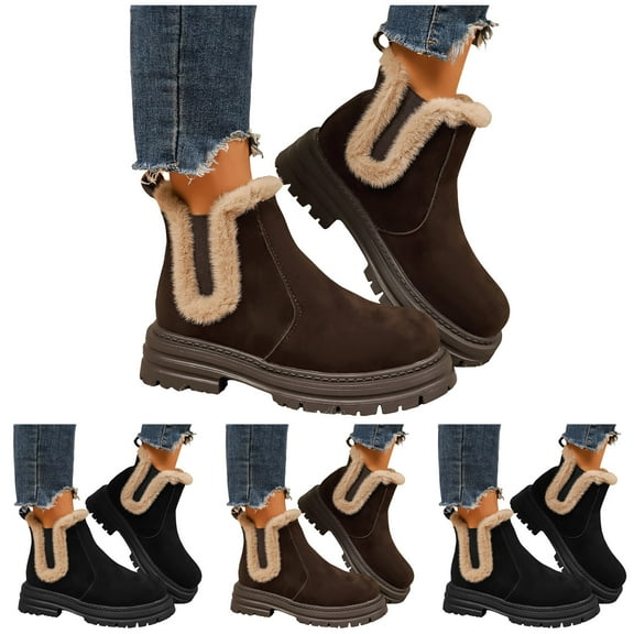 Pandaie Womens Winter Chelsea Boots Suede Fleece Lined Ankle Booties Chunky Heel Lug Sole Slip on Elastic Dressy Work Shoes Black 6