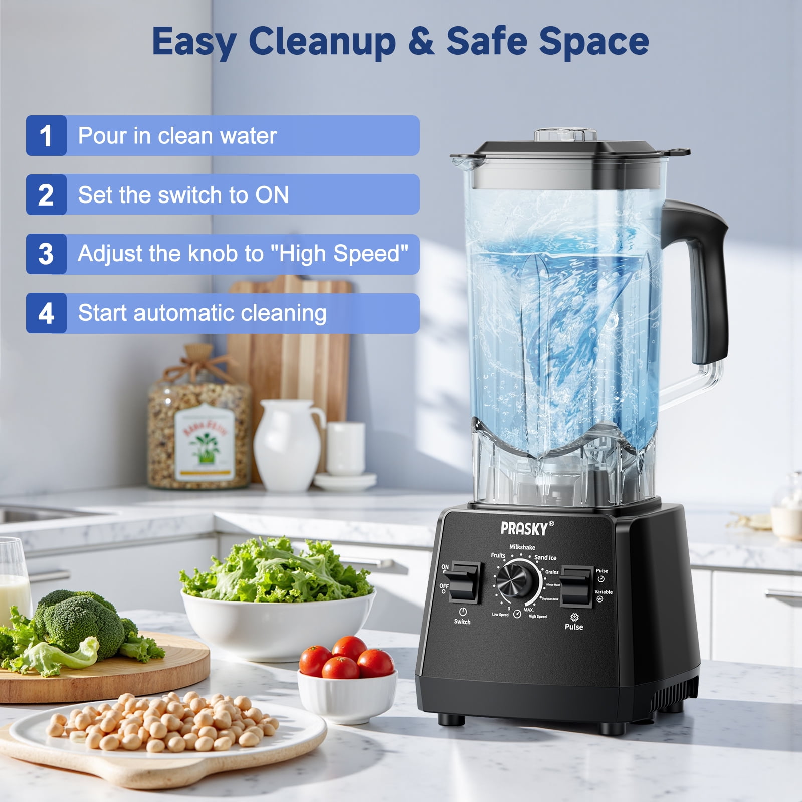 PRASKY 2-in-1 Professional Countertop Blender 96oz Large Capacity 1000W Blender for Smoothies Fruit