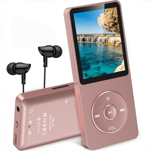 AGPTEK 8GB Lecteur MP3 avec Écouteur - 70 Heures de Lecture, Radio FM, Enregistreur Vocal, Extensible jusqu'à 128GB (A02 - Or Rose)