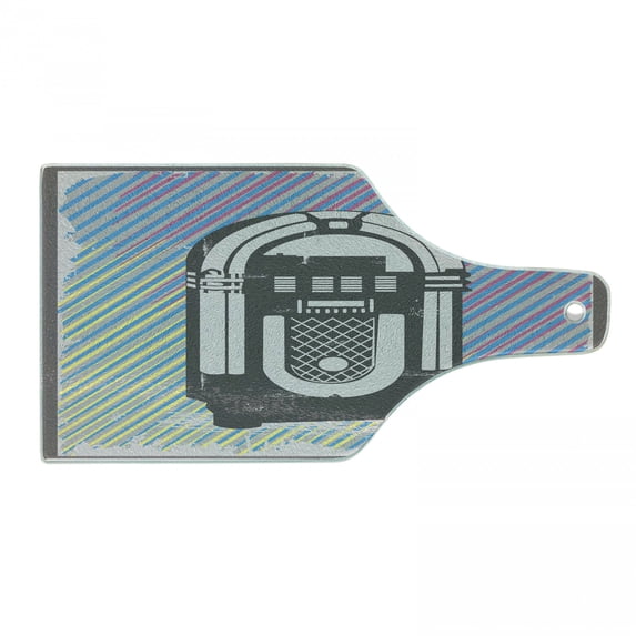 Jukebox Cutting Board, Radio Party Dark Grey Vintage Music Box with Abstract Grunge Colorful Stripes Image, Tempered Glass Cutting and Serving Board, Wine Bottle Shape, Multicolor, by Ambesonne