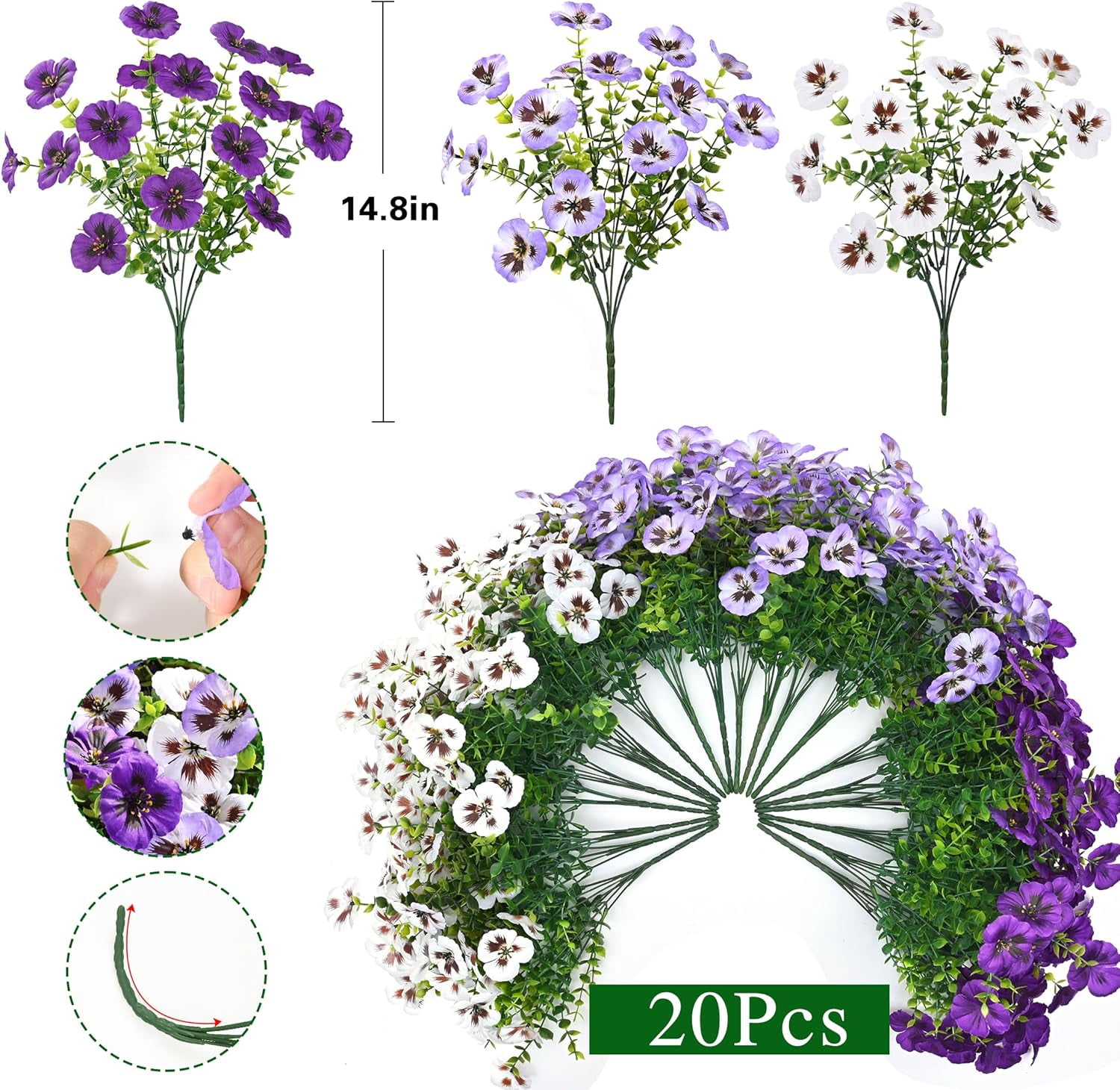 Waipfaru 20 Bundles Artificial Pansy Flower for Outdoor, UV Resistant Faux Pansies Plants,Realistic Silk Fake Flowers for for Front Porch,Basket,Garden Decor