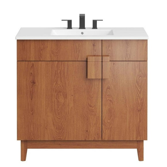 Pemberly Row 36" Wood Bathroom Vanity with Tapered Legs in White/Walnut