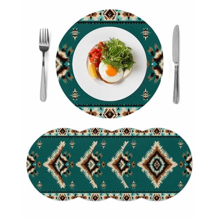 Green Southwestern Round 13 Inch Placemats Set of 4 Boho Ethnic Geometric Retro HeatResistant Non Slip Place Mats for Dining Table Wipeable Braided Kitchen Table Mats for Housewarming