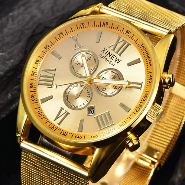 Fiudx Ofertas Flash Del Día Reloj De Pulsera De Malla De Acero Inoxidable De Cuarzo Analógico Multifunción Con Fecha De Día Para Hombre