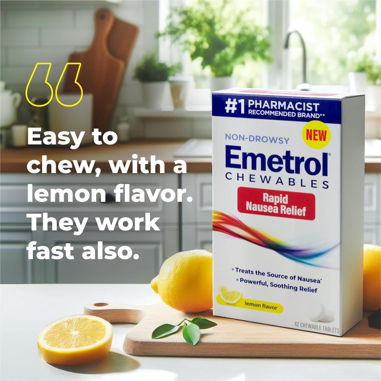 Emetrol Non-Drowsy Lemon Flavor Chewable Tablets for Rapid Nausea Relief, 42 Count