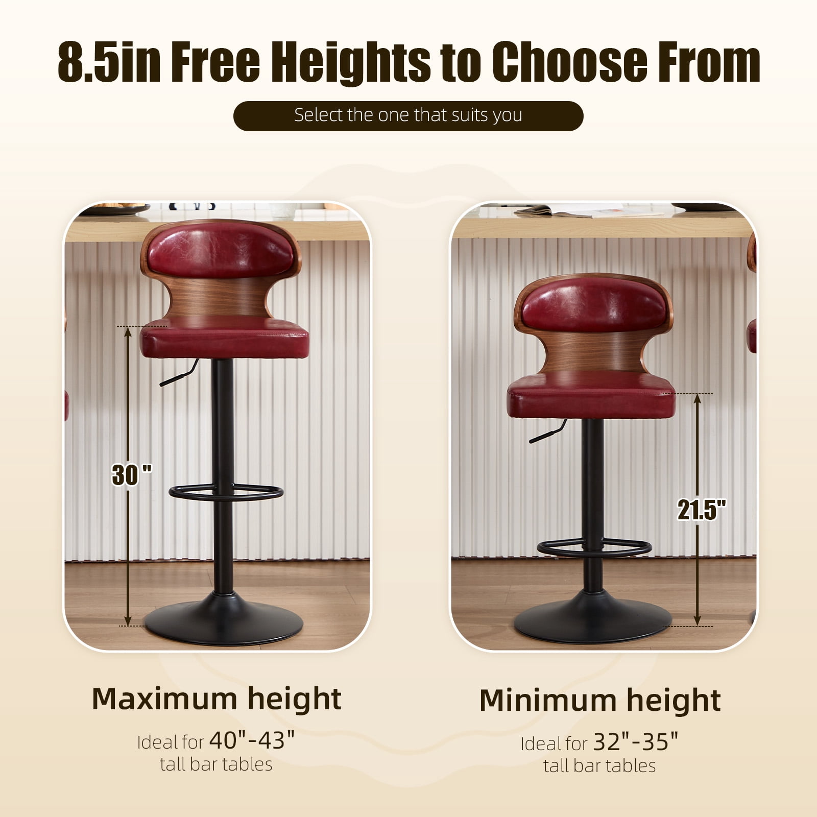 MOONMISS Swivel Bar Stools Set of 2, Wooden Kitchen Bar Chairs with Back, PU Leather Counter Height Barstools for Kitchen Island,Wine Red