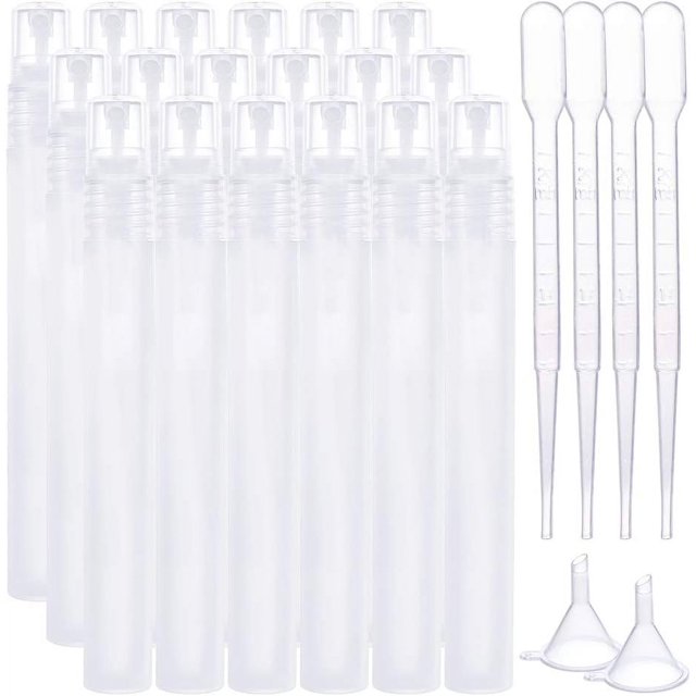 Juego de 18 minibotellas de 15 ml con pulverizador para perfume, de viaje, con 2 embudos y 10 goteros para perfumes líquidos y aceites esenciales (blanco).