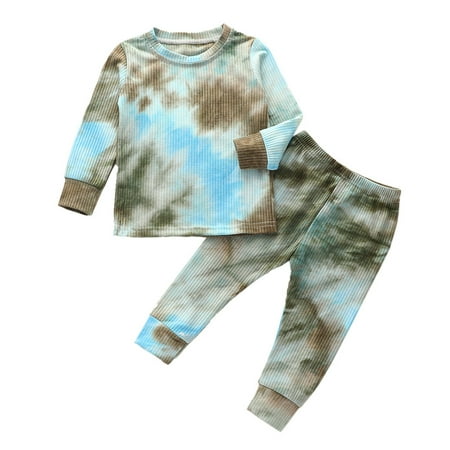 

Toddler Kids Baby Boys and Girls Long Sleeved Sleepwear Outfits Spring and Autumn Fashion Tie-dye Printing Round Neck Pajamas Children s Comfortable Loose Home Clothes