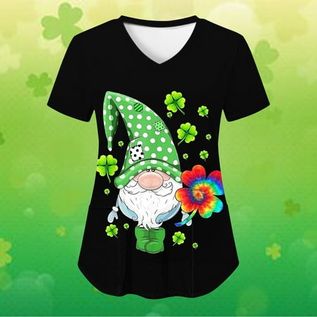 

St Patricks Day Scrub Tops for Women Summer Short Sleeve Nursing Uniform with Pocket V-Neck Green Gnomes Print Workwear