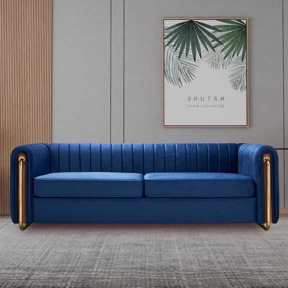 EVERGRATE FURNITURE Modern Solid Print Velvet Tufted and Metal Legs Mid-Century Modern Sofa with Seat Cushion, Blue