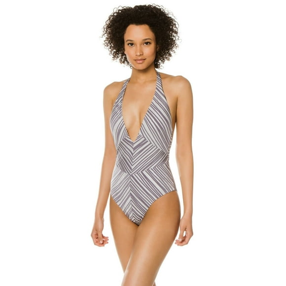 BCBG Max Azria BC9V109 Plunge Halter One Piece Swimsuit Grey / Silver ( 8 )